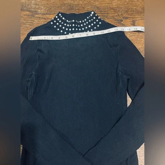 INC International Concepts Black Ribbed Sweater with Rhinestone Collar - Picture 7 of 11